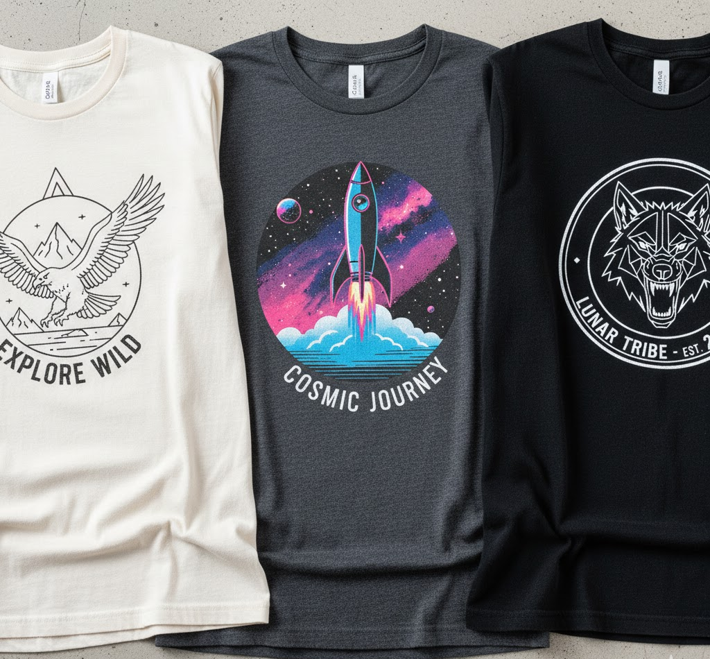 Close-up of bold graphic designs on black and white tees"