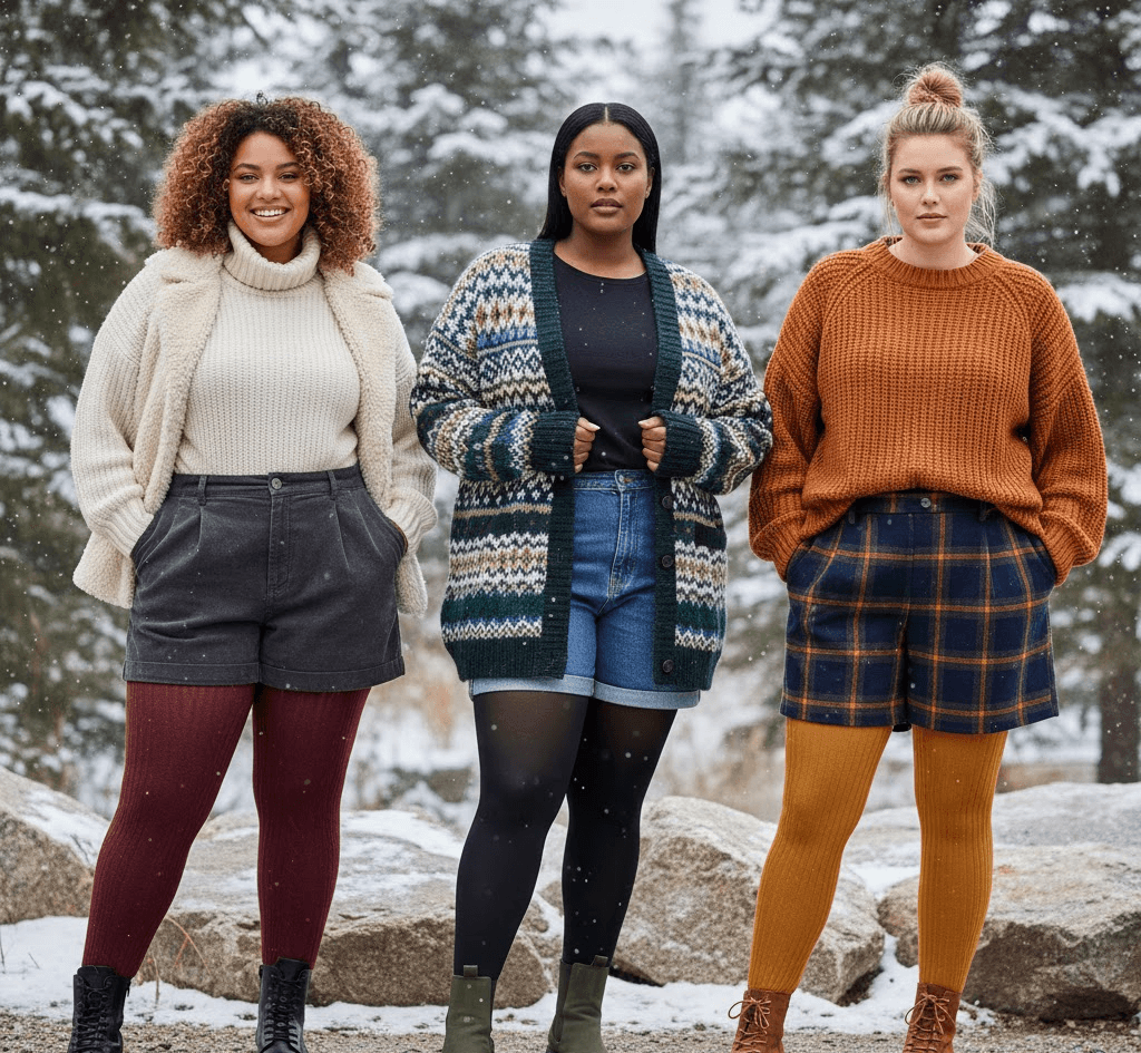 Plus size shorts styled with blazer, tights, and boots
