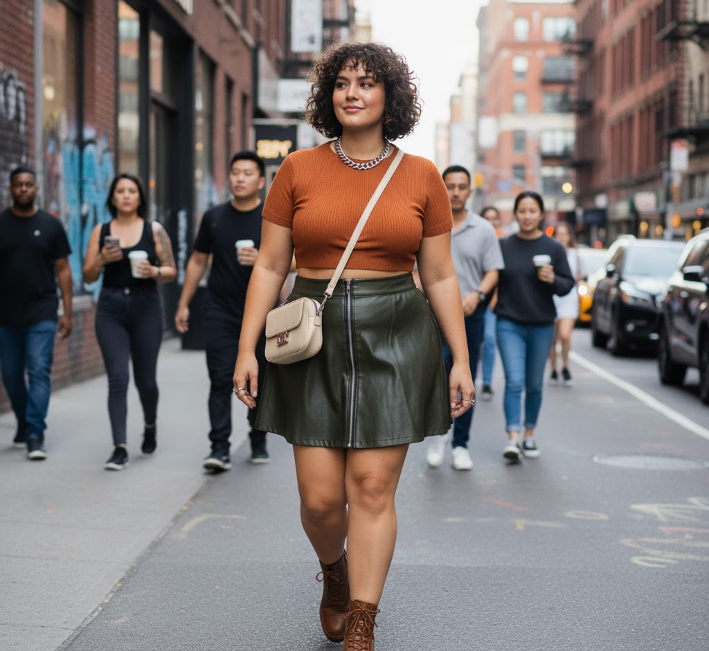Plus size model wearing a printed crop top and leather skirt walking on the city street