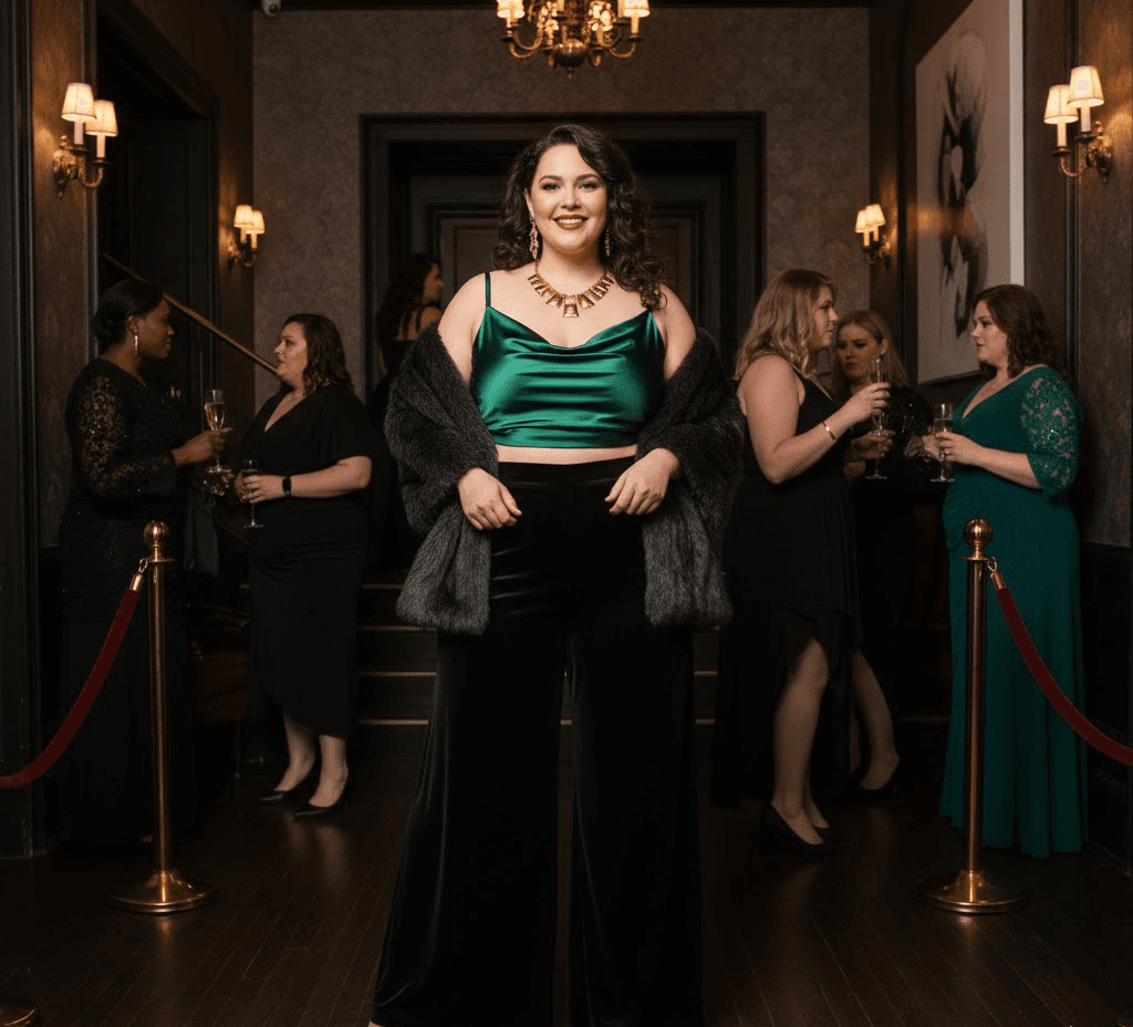 Plus size woman wearing a satin crop top and tailored trousers for a night-out look