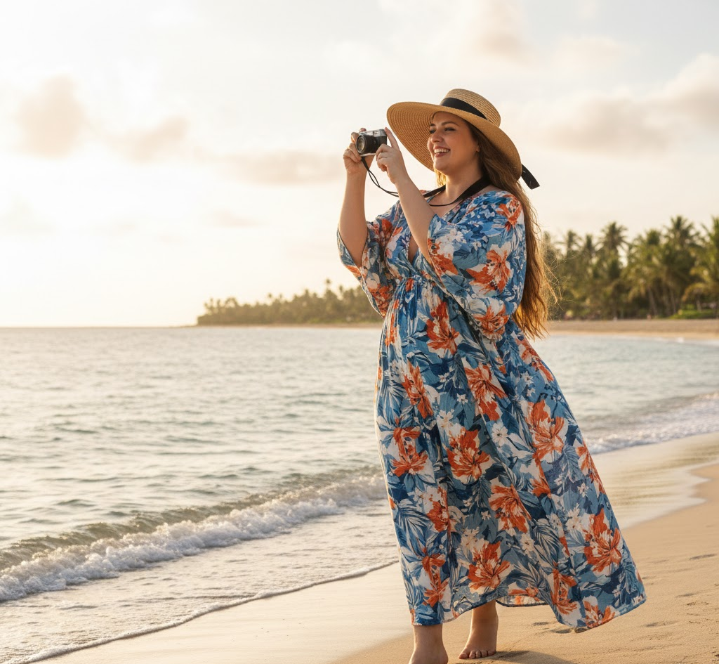 Confident plus size woman wearing a floral wrap dress and sun hat walking along a tropical beach.