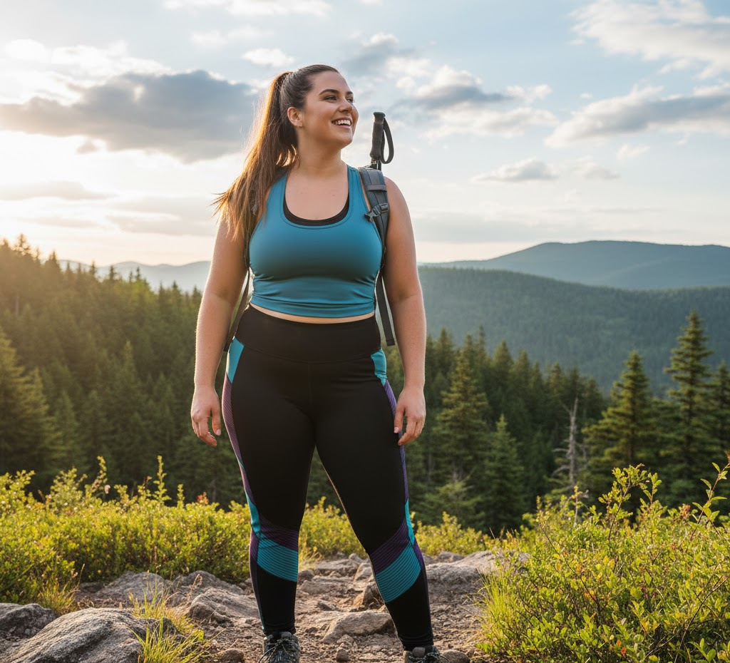 Plus size woman hiking in leggings and breathable top with scenic mountains in the background.