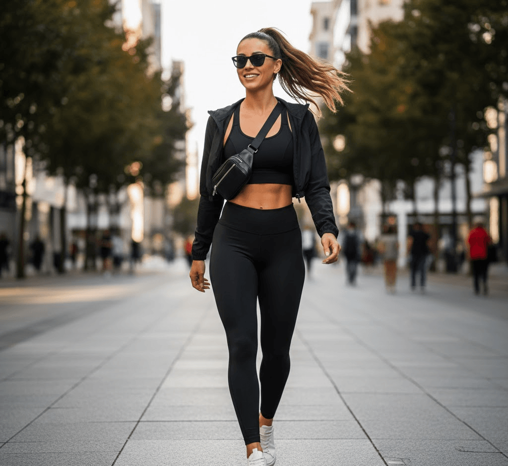Confident woman walking outdoors in black slimming leggings