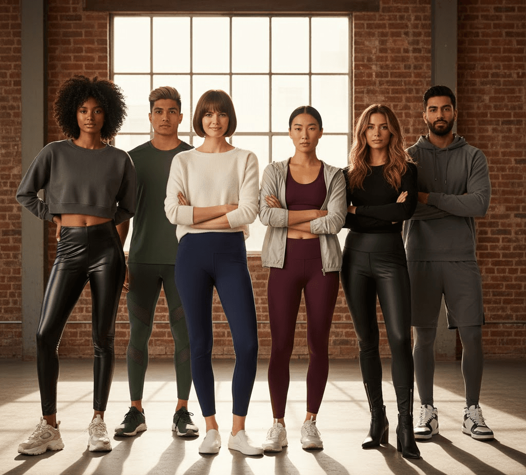 Group of models wearing different types of slimming leggings