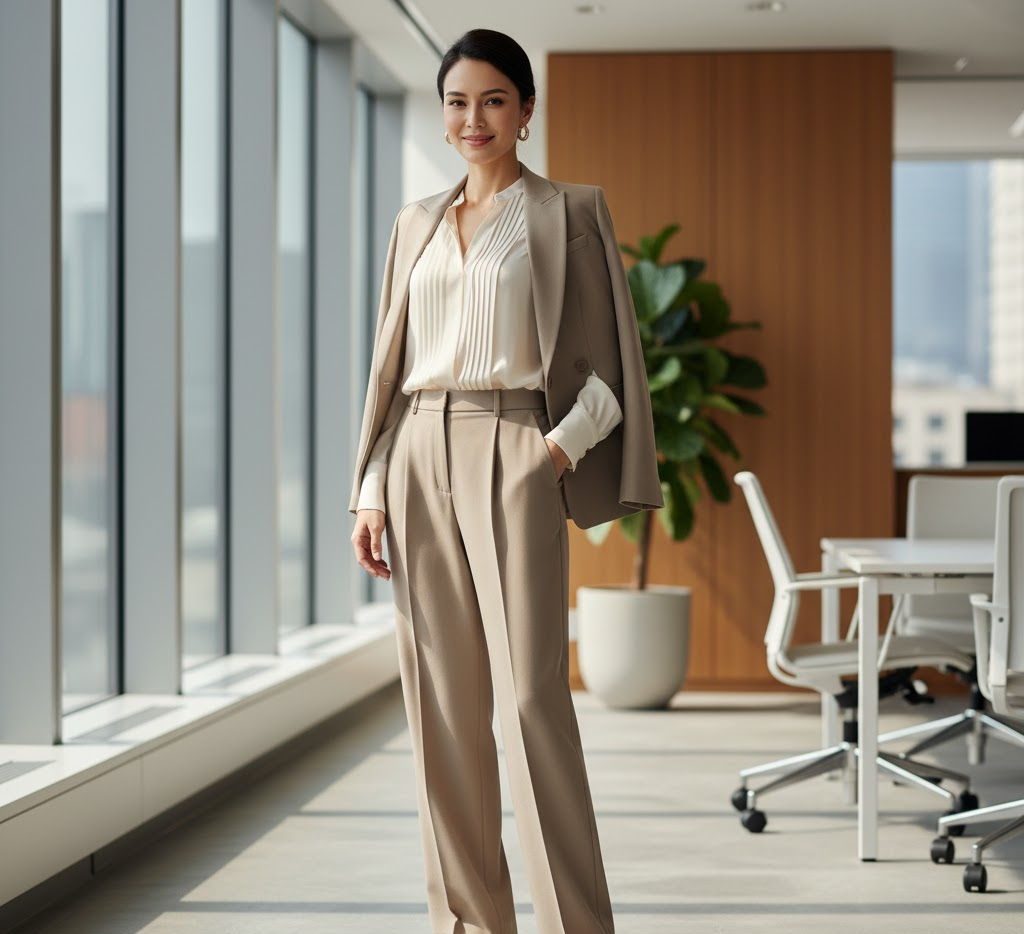 Woman wearing beige dressy slacks with heels and blazer
