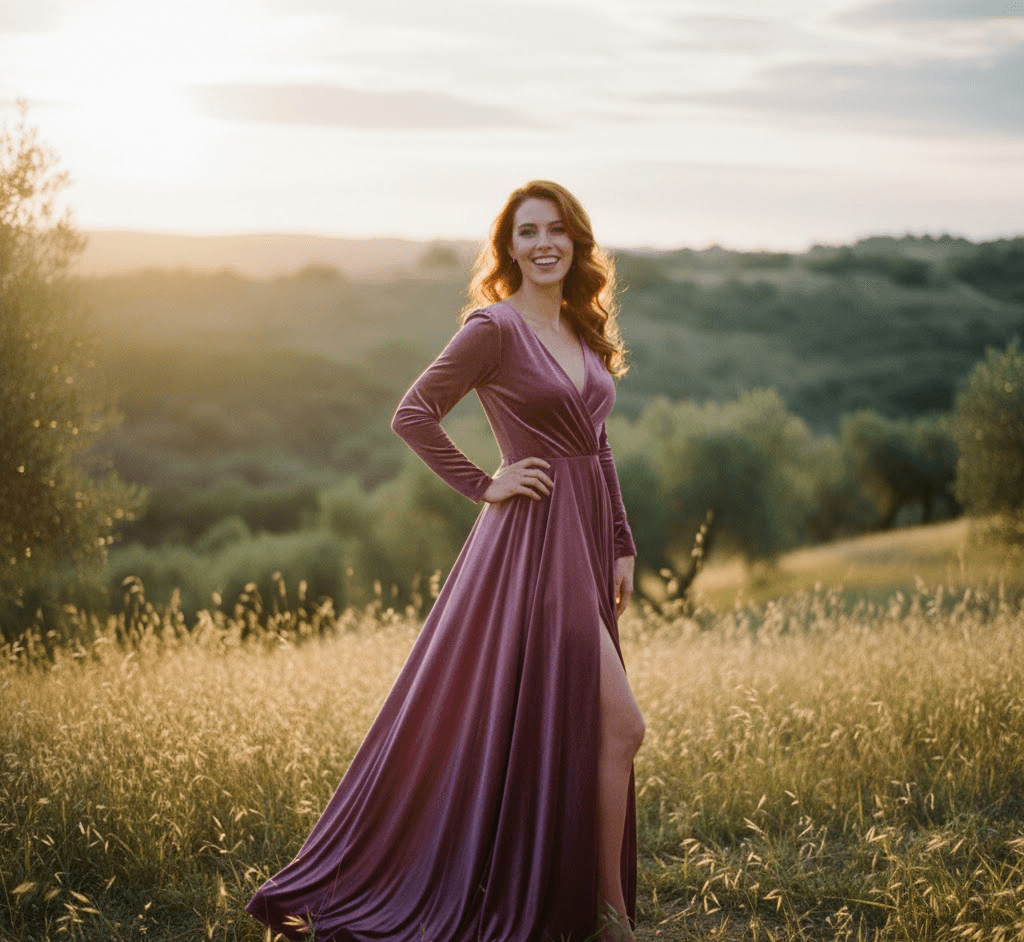 Woman twirling in a mauve velvet dress under soft evening lights