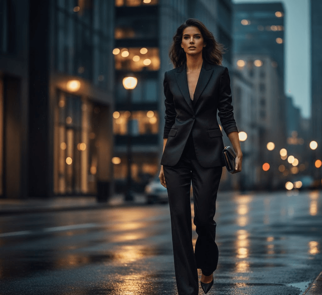 : Woman in a tailored black evening pantsuit walking under soft evening lights