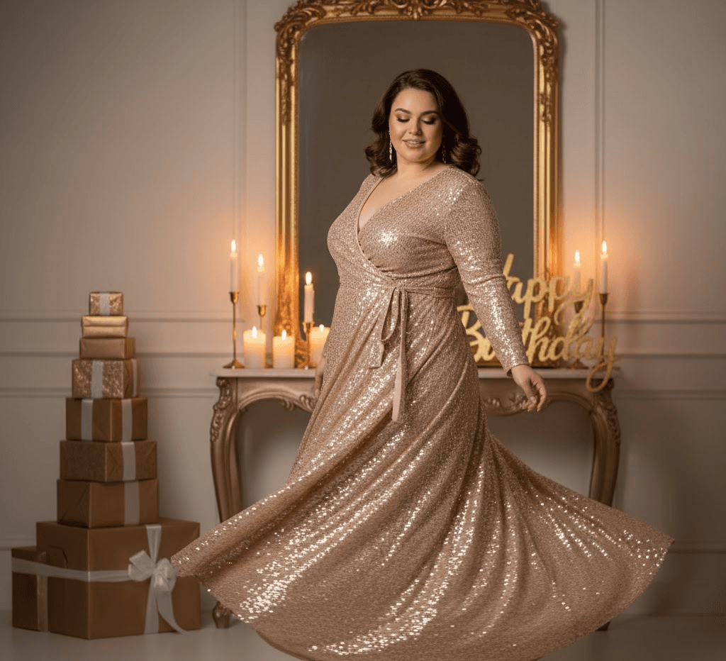 Plus-size woman twirling in a flowy birthday gown near a mirror with gift boxes in the background.