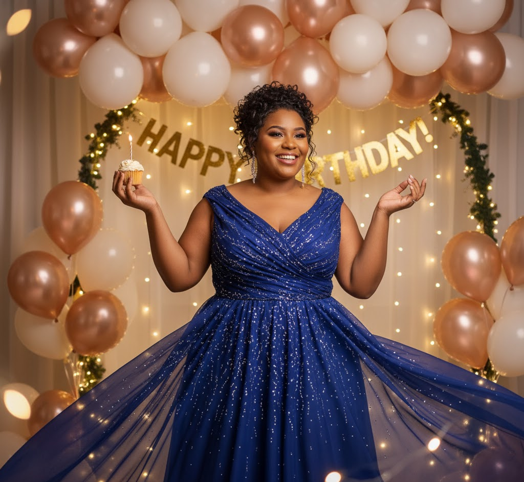 Confident woman wearing a chic plus-size birthday dress, smiling at her celebration