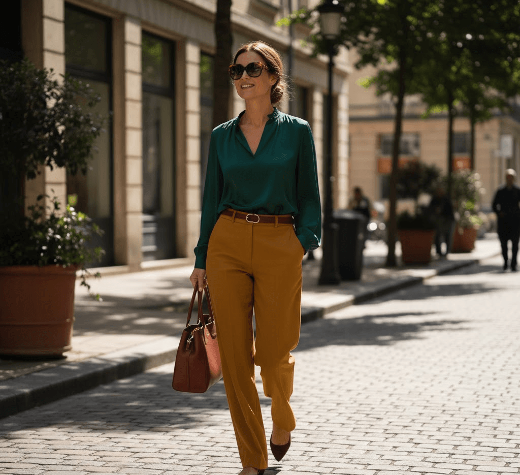 Woman in beige trousers and white blouse walking confidently outdoors showing elegant clothing for women