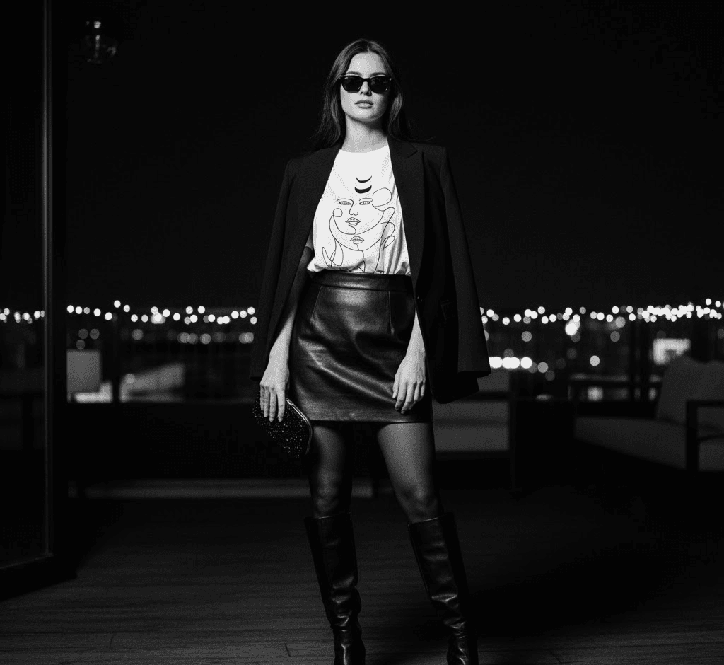 Black and white graphic tee styled for a night out