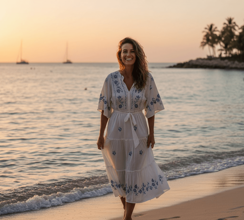 Woman wearing a stylish beach midi dress walking along the shoreline in summer