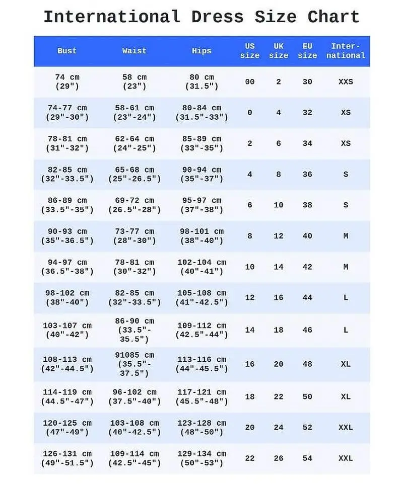 Chart showing women’s clothing sizes conversion between US, UK, and EU”