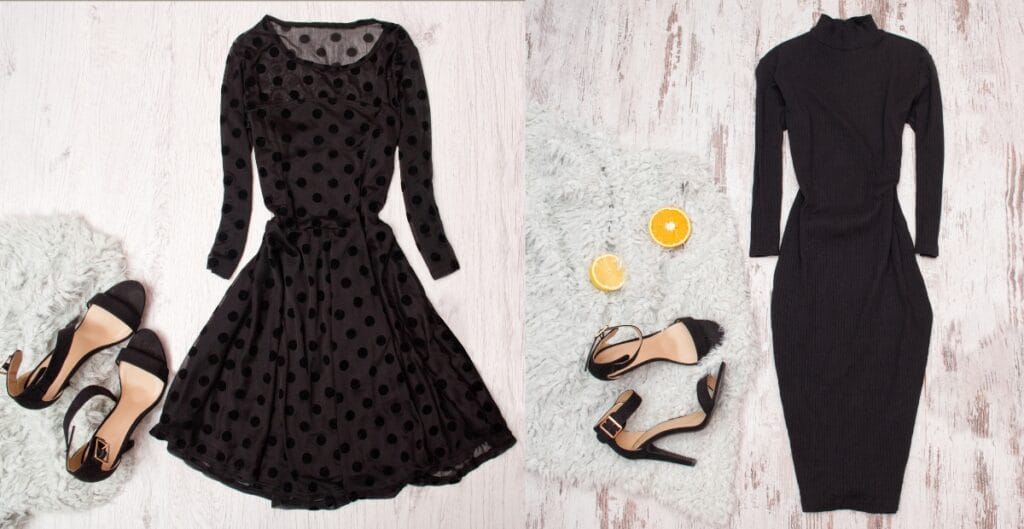 Black polka dot ladies long sleeve midi dress with high heels and accessories