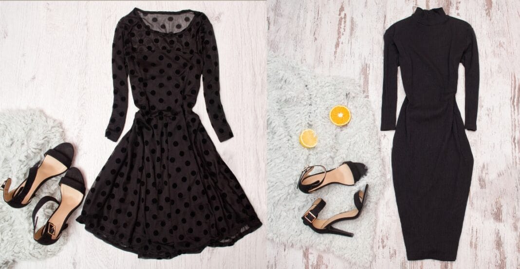 Black Polka Dot Ladies Long Sleeve Midi Dress Black polka dot ladies long sleeve midi dress with high heels and accessories