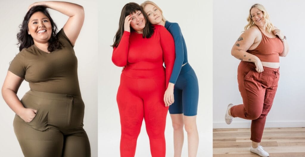 Group of diverse women modeling colorful ladies plus size sweat suits in olive, red, and blue tones.
