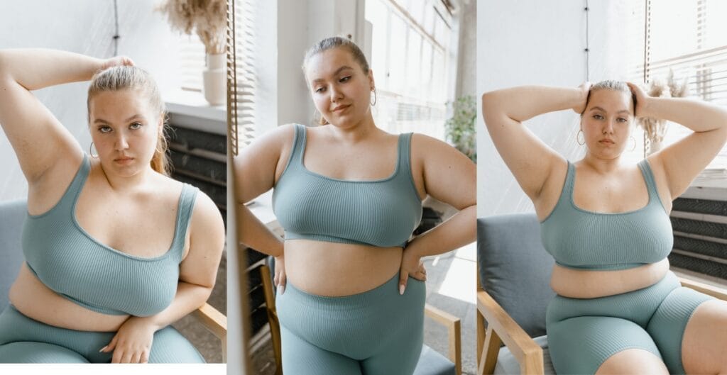 Close-up of a woman wearing a ribbed large sports bra and matching set, offering full comfort and support