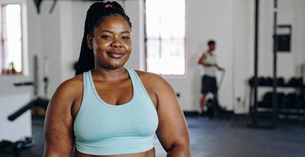 Woman wearing a light blue large sports bra in a gym setting, showing her active lifestyle