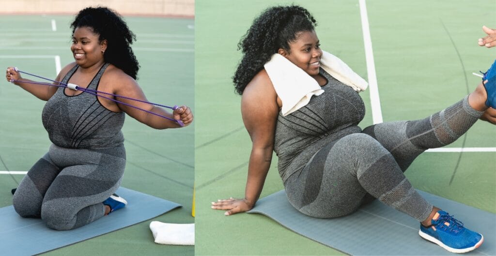 plus size women doing yoga in stylish and supportive leggings for plus size ladies on a yoga mat outdoors.