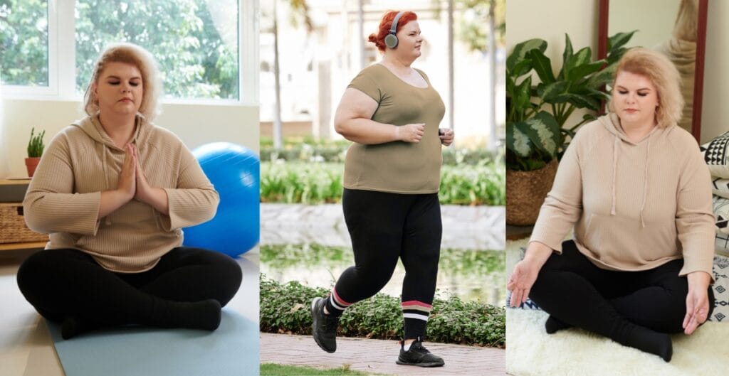 Plus size woman relaxing and chatting in a living room while wearing casual and comfortable leggings for plus size ladies