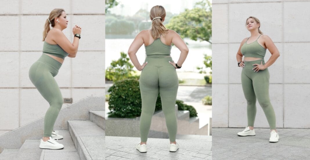 Plus size woman working out in matching activewear sets, featuring high-waisted leggings for plus size ladies