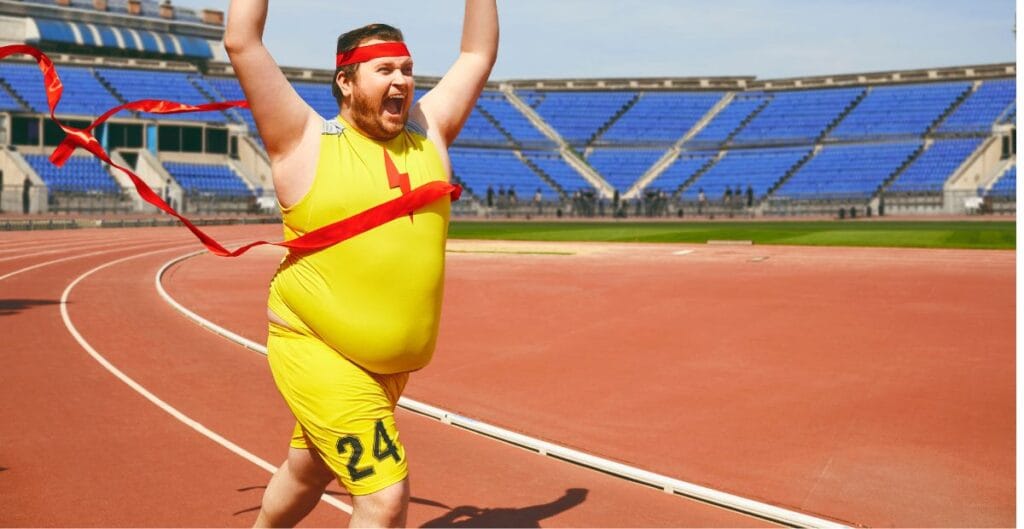 Celebrate Your Fitness Wins with Comfortable Gym Leggings Plus-size man celebrating victory in gym leggings