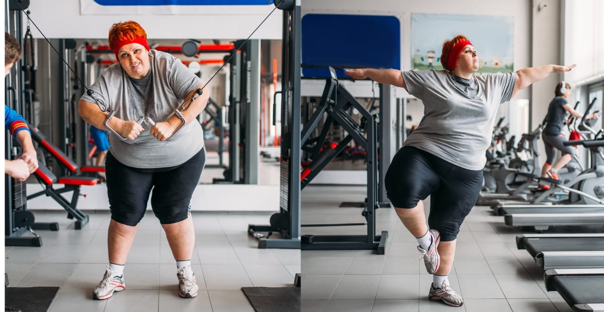 Plus-size woman working out in a gym wearing a plus-size fitness tank, performing cable machine exercises