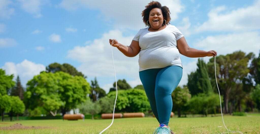 Happy woman in plus size jogger suit skipping outdoors in a sunny park, celebrating body positivity