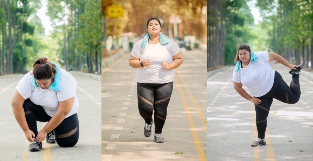 Plus size woman running outdoors in breathable and stylish plus size joggers