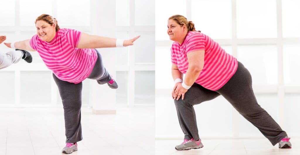 Plus size woman stretching in gym, wearing fashionable plus size joggers