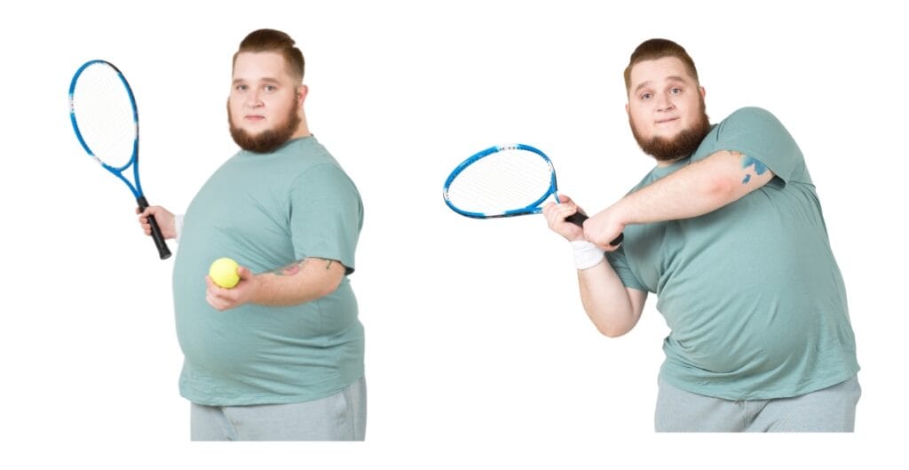 Plus size tennis player holding a tennis ball and racket, wearing a comfortable green tennis dress