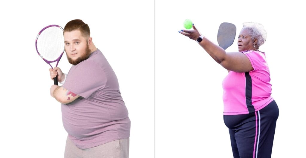 Plus size tennis players wearing a purple tennis dress, holding a racket and ready for action on the court.