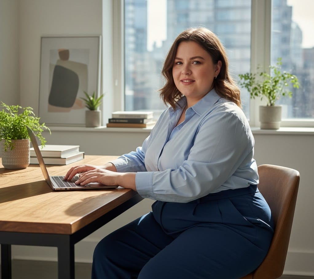 Plus-size woman in light blue button-up shirt styled for professional office look