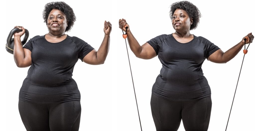 Plus-size woman working out with fitness equipment in a black workout onesie