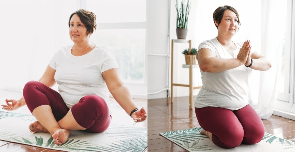 Plus-size woman practicing yoga in a comfortable workout onesie