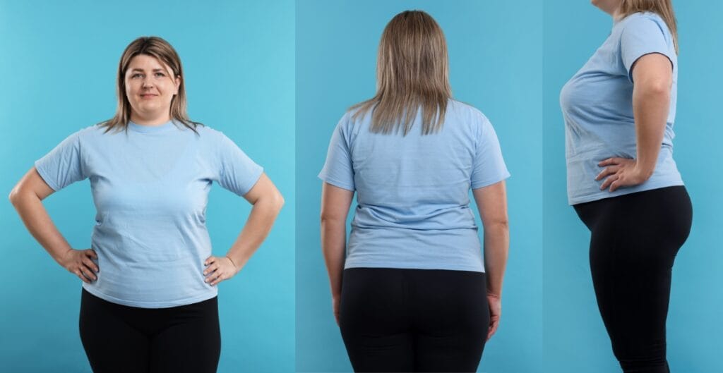 Woman modeling plus size workout tights in different poses