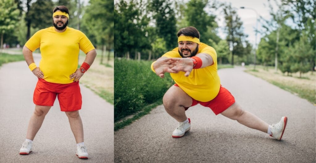 Person stretching in yellow t-shirt and red shorts, wearing plus size yoga shorts and accessories