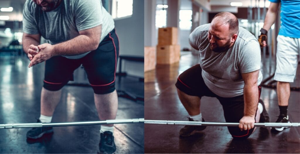 Person lifting weights in a gym, wearing gray shirt and black plus size yoga shorts