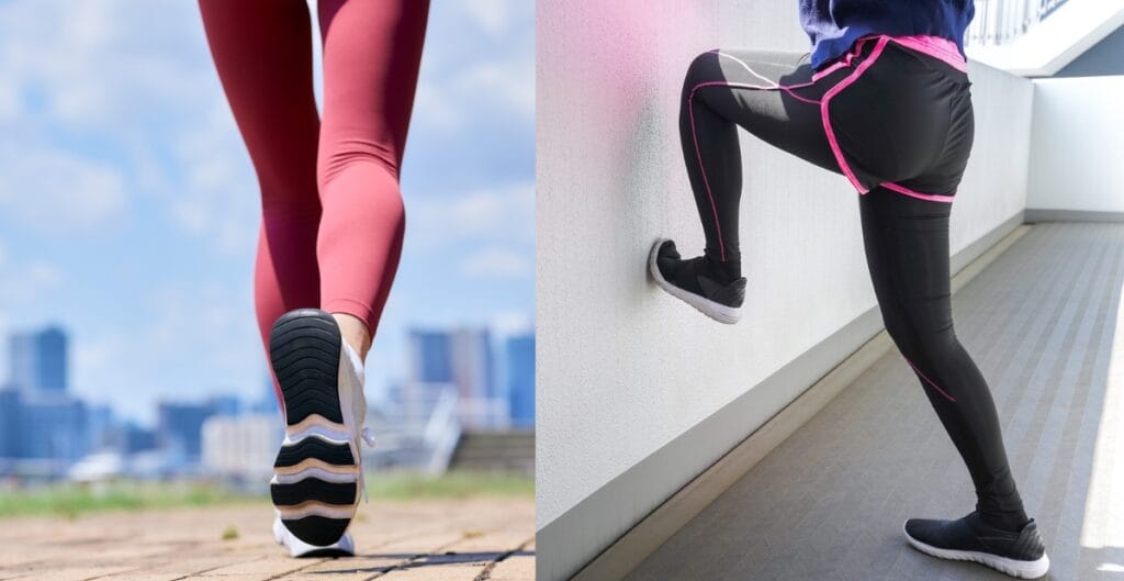 Model wearing red leggings with a black waistband, paired with athletic shoes, exuding street style energy