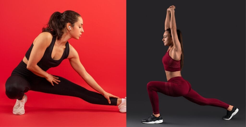 Two models showing off sleek, form-fitting red and black leggings, ideal for casual and athlete wear