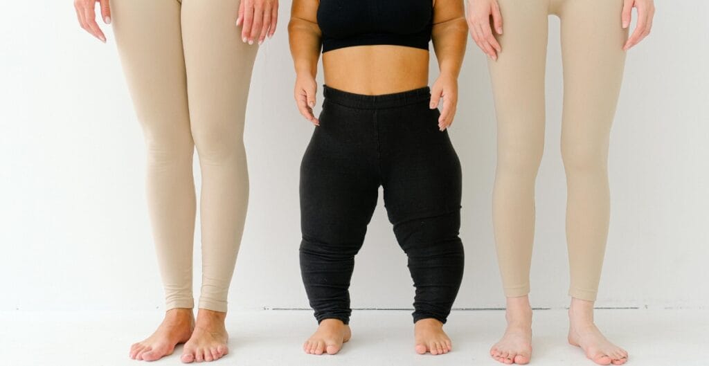 Different body types in seamless leggings, emphasizing comfort and inclusivity