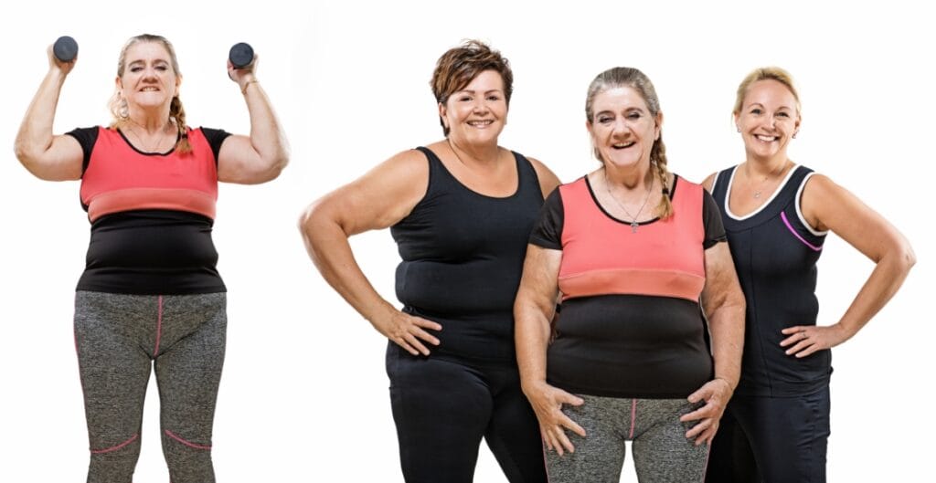 Group of women working out together in thick plus size leggings, lifting weights