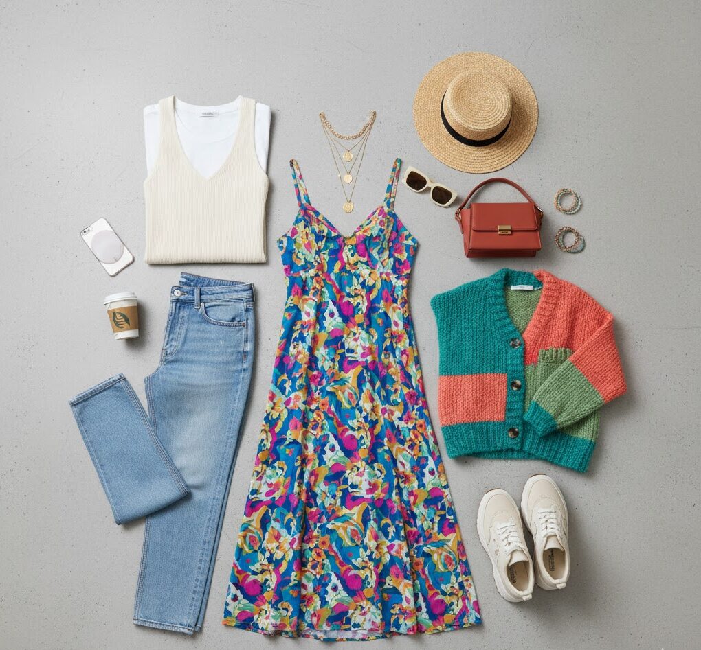 Flat lay of trendy clothing pieces including jeans, printed dress, and accessories