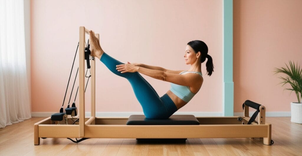 Woman practicing pilates on a reformer machine, wearing workout bottoms for flexibility and support
