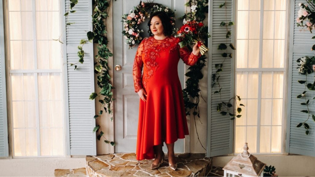 plus maxi dress in red worn indoors during a stylish mirror photoshoot