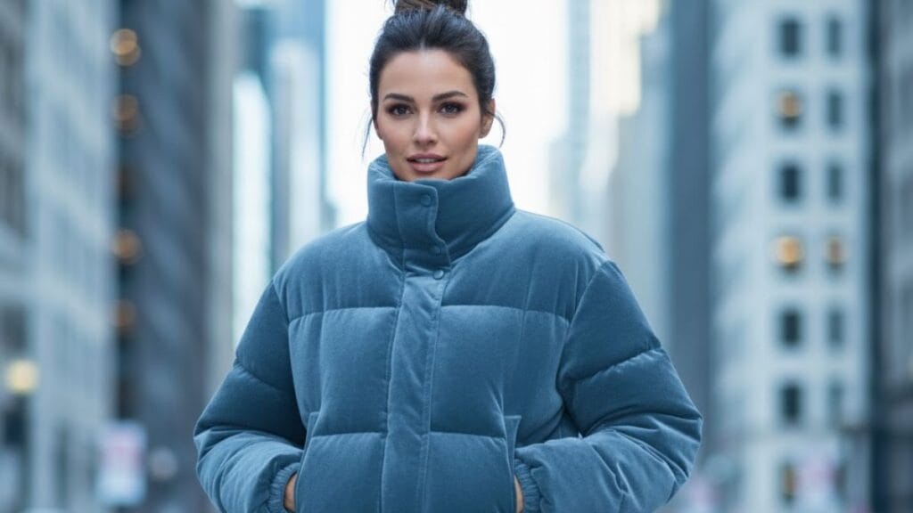 Woman posing outdoors wearing a cropped puffer jacket in a city setting