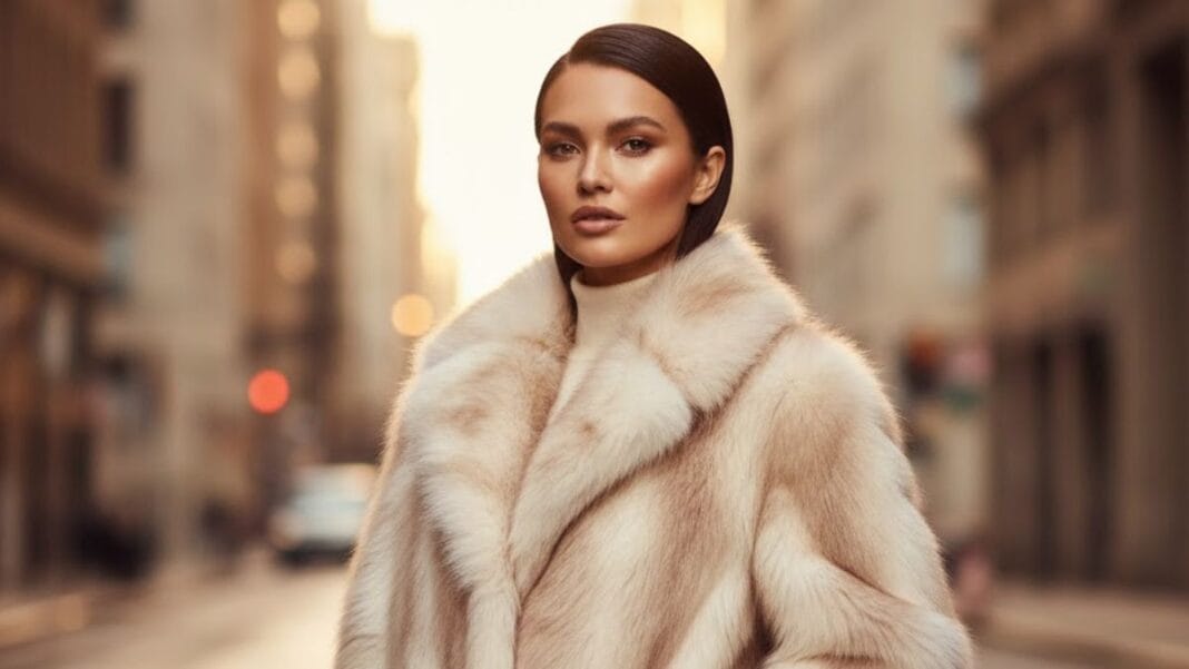 Luxury Faux Fur Look for Winter Glam Woman wearing a plush faux fur coat standing in soft winter light