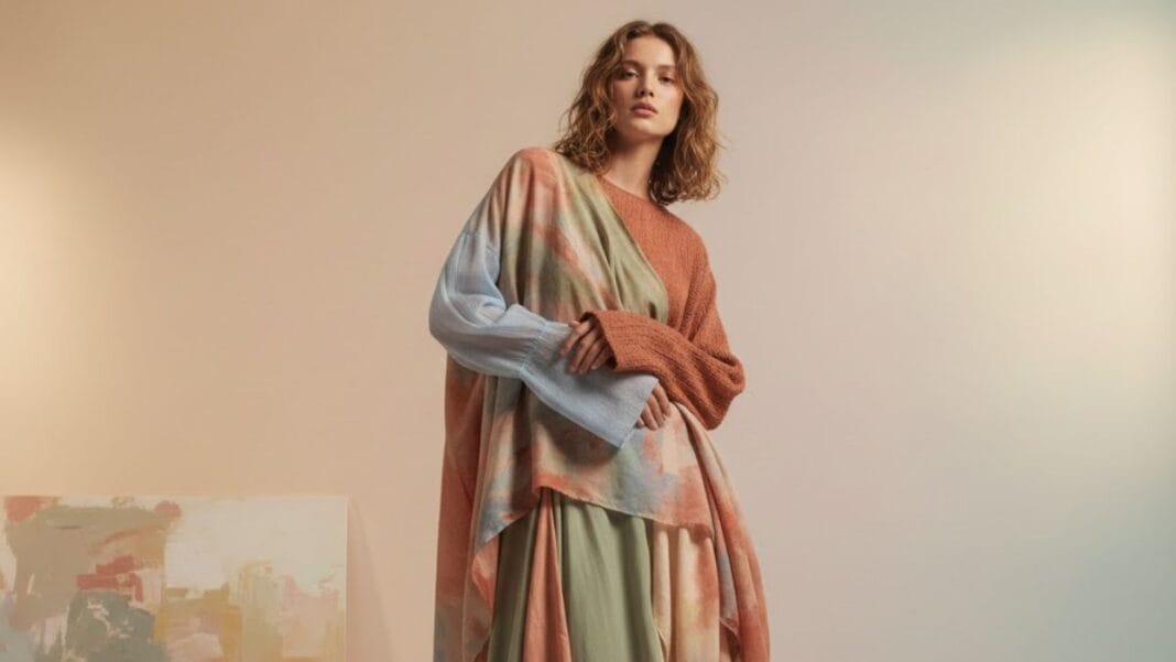 Earthy & Pastel Editorial Glow Model posing in mixed earthy-tone and pastel outfit with soft studio lighting