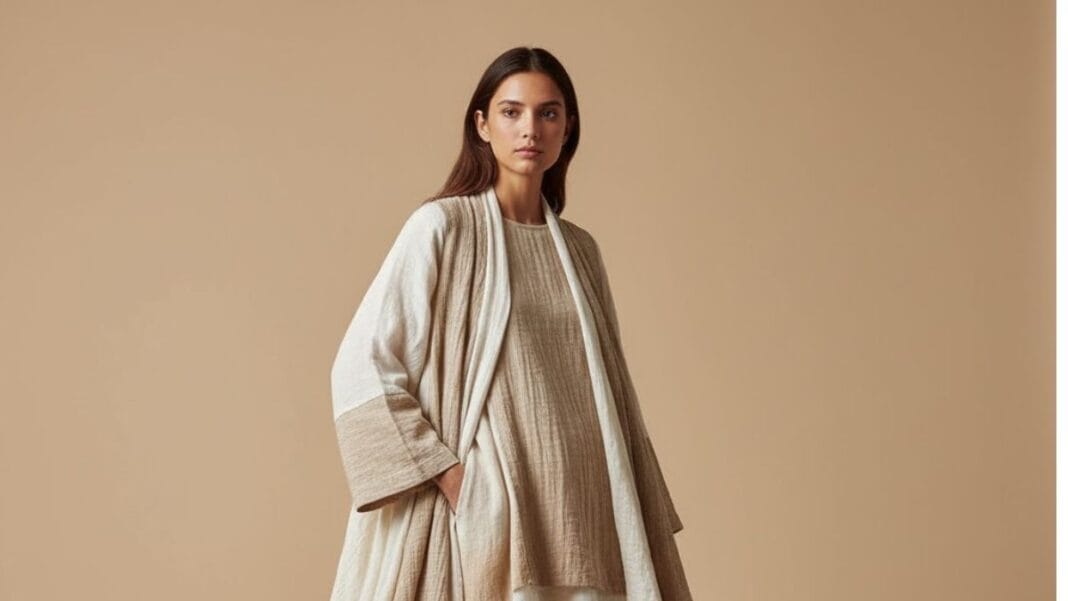 Model wearing a sustainable outfit made from organic fabrics in a minimalist studio setting