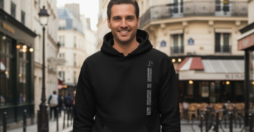 Man wearing a black hoodie with "The Uniform of Silence" text on the sleeve, standing on a Paris street.